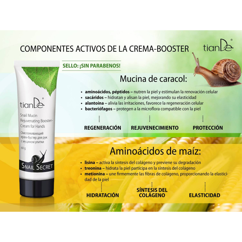 Crema de manos Booster rejuvenecedora y antibiótica con Mucina de Caracol.