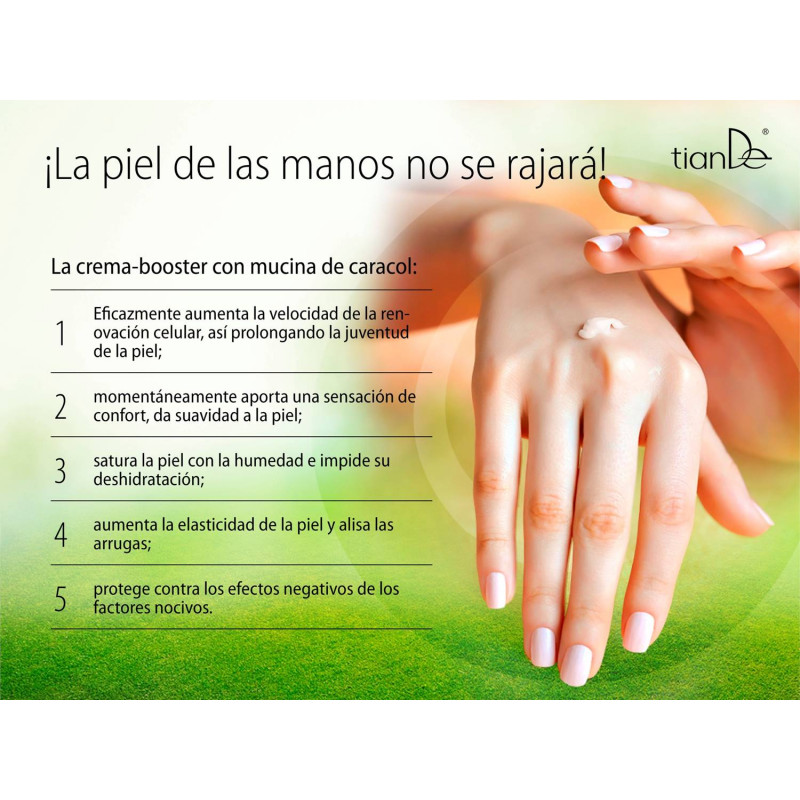 Crema de manos Booster rejuvenecedora y antibiótica con Mucina de Caracol.