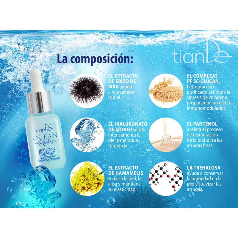 Serum Facial Hidratante y Antiarrugas con Ácido Hialurónico y Erizo de Mar Ocean Riches.