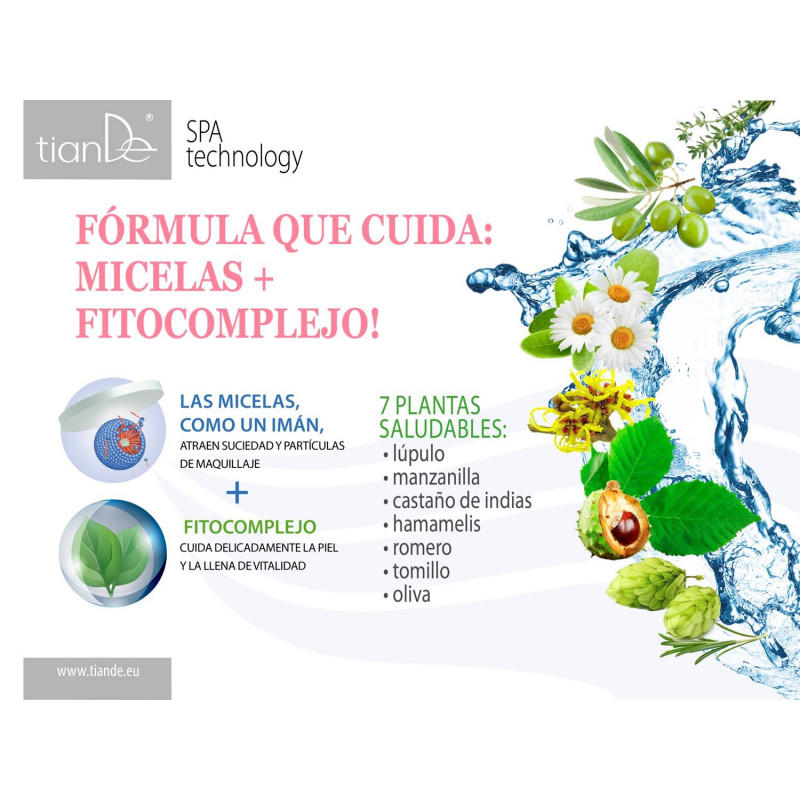 Agua Micelar Multifuncional con Fitocomplejo de plantas Naturales SPA Technology.