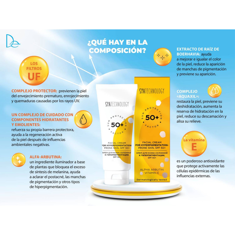 Crema Facial Antipigmentación con filtros y protección solar + 50. 50
